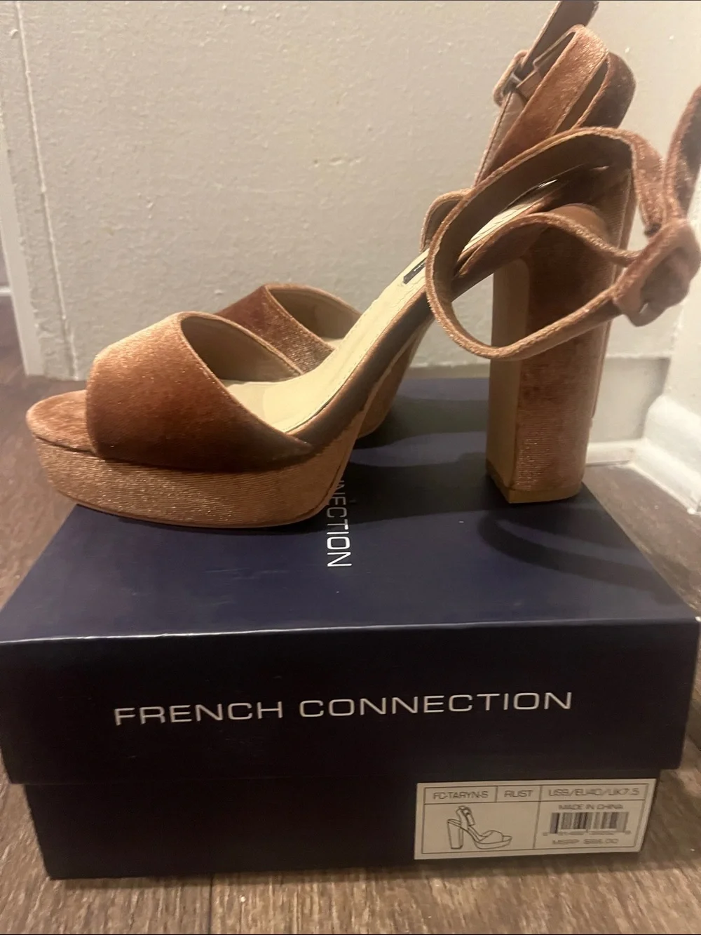 French Connection Copper Brown Velvet Block Heel Sandals with Ankle Strap